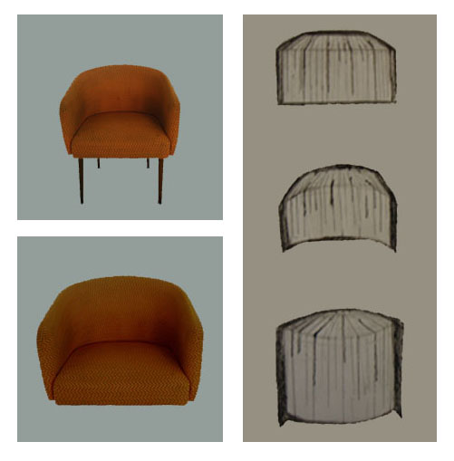 Left: photo of the chair and the seating. Right: different sketches bookshelf